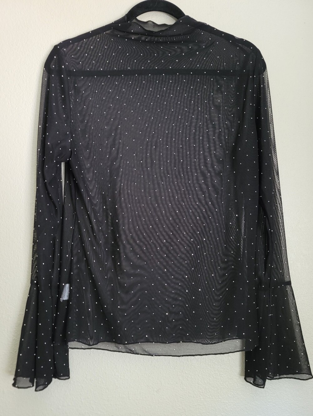 Sheer Black Rhinestone Dot Long-Sleeve Blouse